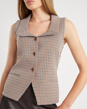 River Island Womens Waistcoat Brown Lapel Check
