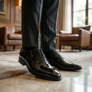 Herrskor i svart lack i PU-läder med brogue-detaljer, formella