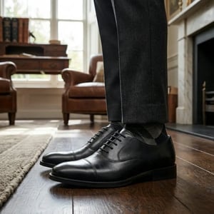 Svarta herrskor i lackat PU-läder med tåspets i oxford-stil, brogue-modell