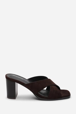 Where's That From Womens Livana Crossover Strap Block Heel Sandal in Dark Brown Suede