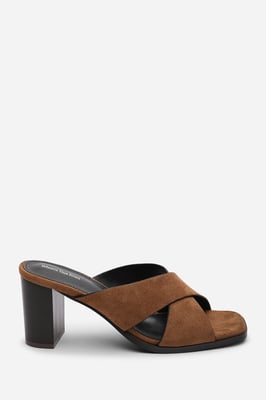 Where's That From Womens Livana Crossover Strap Block Heel Sandal in Cognac Suede