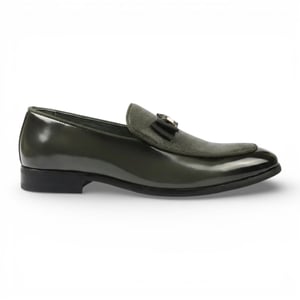Mens Olive Green Textured Front Iconic Buckle Bow Loafers Shoes