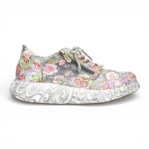 Laura Vita Nikito 62 dames sneakers met grijze bloemenprint van leer en platformzool.