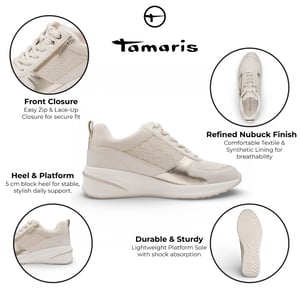 Tamaris dames witte en gouden platform sneakers met ritssluiting en vetersluiting.