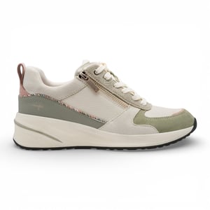 Tamaris dames witte en groene platform sneakers met ritssluiting en vetersluiting.