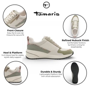 Tamaris dames witte en groene platform sneakers met ritssluiting en vetersluiting.