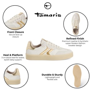 Tamaris dames sneakers van wit leer met gouden strepen