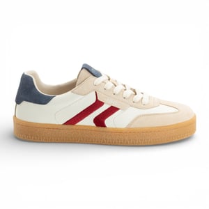 Tamaris heren sneakers van off-white leer met rode streep