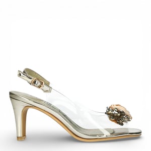 Laura Vita Mira 05 transparante gouden slip-on Cinderella pumps met taps toelopende hak en enkelbandje voor dames