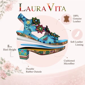 Laura Vita Nellao 33 damessandalen met sleehak, blauw met bloemenprint, van leer.