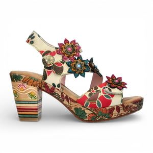 Laura Vita Nellao 33 beige leren espadrilles met bloemenprint en sleehak voor dames