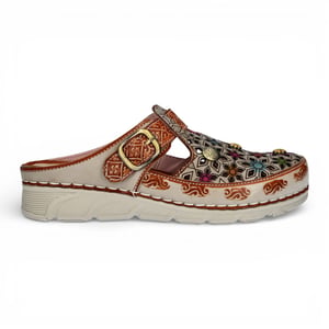 Laura Vita Dames Dorry 01 Bloemen Beige Leren Sleehak Slippers