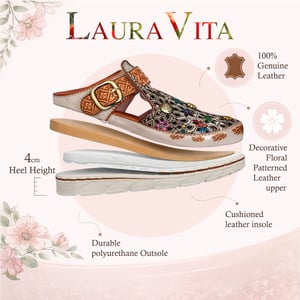 Laura Vita Dames Dorry 01 Bloemen Beige Leren Sleehak Slippers