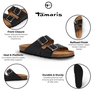 Tamaris Herr Svarta Läder Slip-On Footbed Toffelsandaler