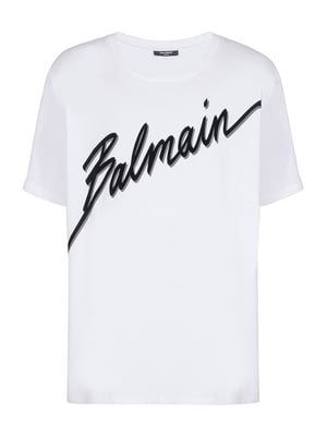 Flocked Balmain Letter Logo T-Shirt in White