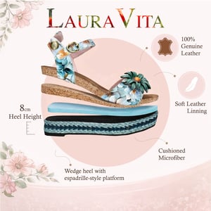 Laura Vita Facyo 75 damessandalen met sleehak, gemaakt van blauw leer met bloemenprint.