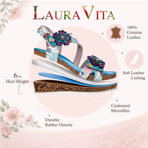 Laura Vita Bonito 32 damessandalen met sleehak, turquoiseblauw met bloemenprint, gemaakt van leer.