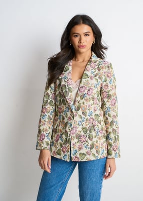 Beige Floral Jacquard Tailored Jacket