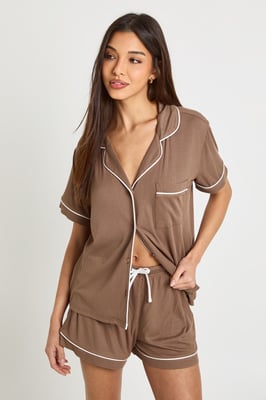 Soft Rib Piping Detail Short Sleeve Shirt & Short Pyjama Set