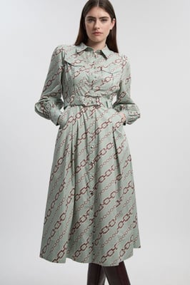 Petite Chain Print Cotton Sateen Belt Detail Woven Shirt Dress
