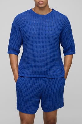 Regular Fit Open Tuck Stitch Knitted Shorts Set