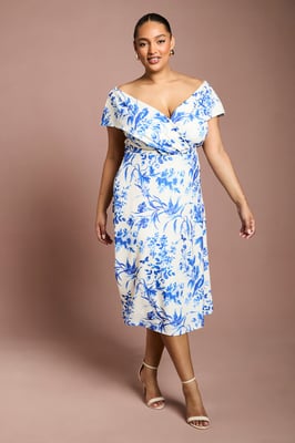 Plus Printed Bardot Midi Dress In Floral Print