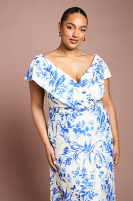 Plus Printed Bardot Midi Dress In Floral Print