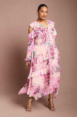 Plus Cold Shoulder Printed Ruffle Midi Dress