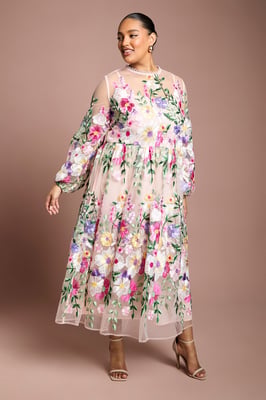 Plus Muse Long Sleeve Embroidered Maxi Dress