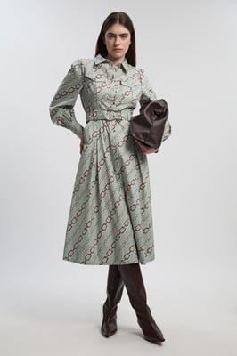 Chain Print Cotton Sateen Belt Detail Woven Shirt Dress