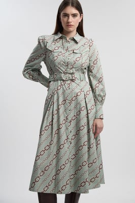 Chain Print Cotton Sateen Belt Detail Woven Shirt Dress