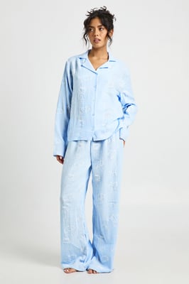 Breakfast Print Textured Long Sleeve Shirt & Trouser Pyjama 3 Piece Set