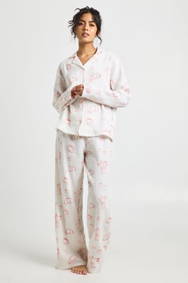 Breakfast Print Textured Long Sleeve Shirt & Trouser Pyjama 3 Piece Set