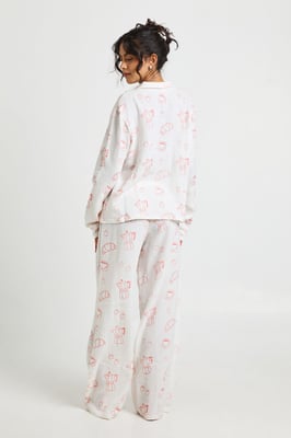 Breakfast Print Textured Long Sleeve Shirt & Trouser Pyjama 3 Piece Set