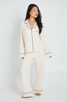 Petite Soft Rib Long Sleeve Shirt & Trouser PJ Set