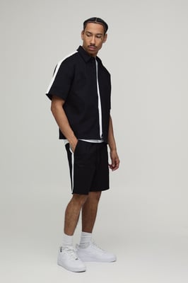 Twill Contrast Tape Oversized Boxy Shirt & Baggy Shorts Set