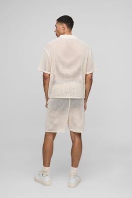 Boxy Fit Open Stitch Stripe Button Neck Knitted Polo Shorts Set