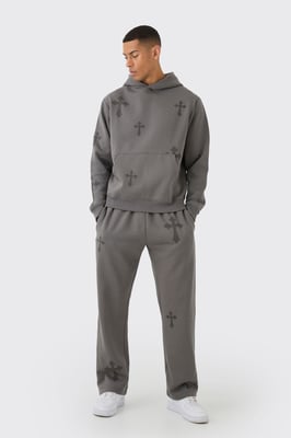Regular Fit Cross Printed Hooded Tracksuit