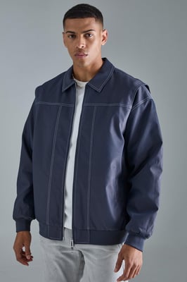 Oversized PU Panel Detail Bomber Jacket In Navy
