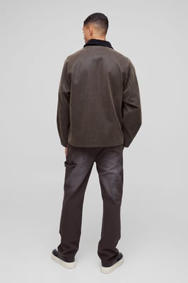 Oversized Boxy Peached PU Contrast Collar Worker Jacket