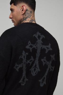 Tall Relaxed Boxy Brushed Gothic Cross Knitted Cardigan