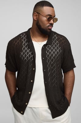 Plus Open Stitch Crochet Relaxed Polo Shirt