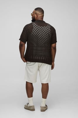 Plus Open Stitch Crochet Relaxed Polo Shirt