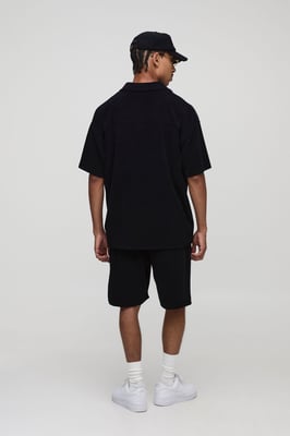 Black Oversized Revere Embroidered Towelling Polo