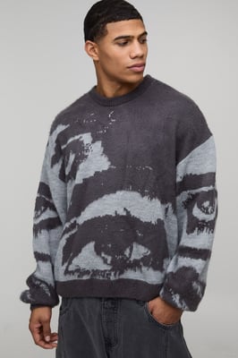 Oversized Boxy Brushed Eye Graphic Knitted Jumper