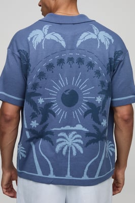 Relaxed Fit Scenic Palm Tree Jacquard Knitted Shirt