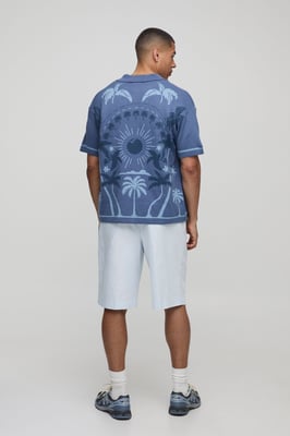 Relaxed Fit Scenic Palm Tree Jacquard Knitted Shirt