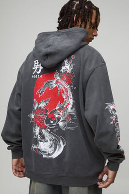 Washed Charcoal Oversized Dragon Floral Printed Hoodie
