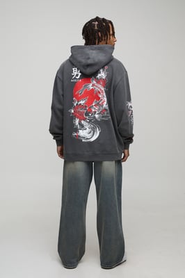 Washed Charcoal Oversized Dragon Floral Printed Hoodie