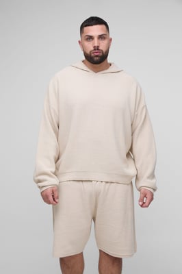 Plus Waffle Knitted Oversized Hoodie & Short Set